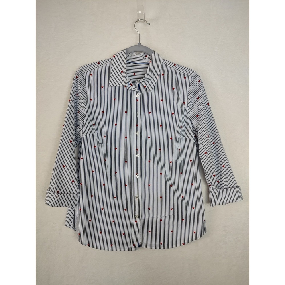 Blue White Striped Heart Embroidered Cotton Button Down Shirt Women L